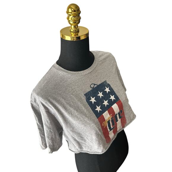 Miller Lite Women’s American Flag Can Cropped Gray Graphic Tee Size Medium - Picture 2 of 4